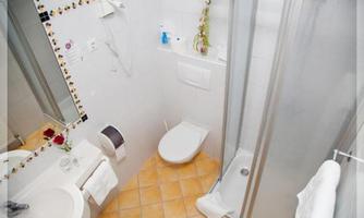 A modern bathroom with a shower, toilet, and sink. The walls are light tiled and there are decorative elements.