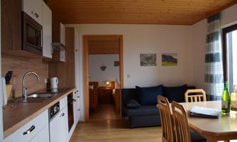 A modern kitchen with a dining area and a cozy living room. The walls are light, and there is wood paneling on the ceiling.
