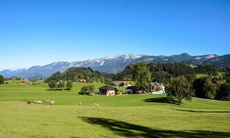 A picturesque landscape with green meadows and gentle hills. In the background, mountains and some farmhouses can be seen.
