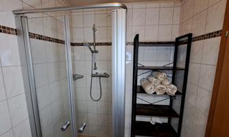 A modern shower with a glass door and a hand shower. Next to the shower, there is a shelf with open towels.