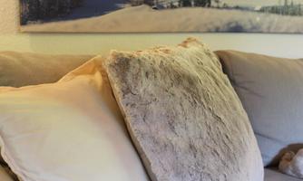 A cozy sofa with two cushions, one of them fluffy. In the background, there is a piece of art featuring a winter landscape.