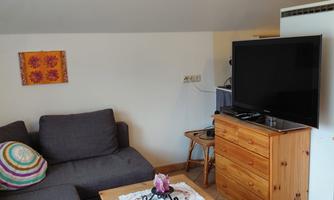 A cozy living space with a gray sofa and a wooden table. On it stands a small decoration next to a television and a dresser.