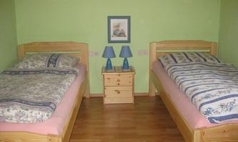 A simple bedroom with two single beds and a green wall.  
Between the beds stands a nightstand with two blue lamps.