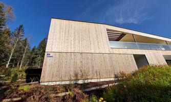 A modern building with a wooden facade and large windows. Surrounded by trees and plants under a clear blue sky.