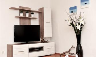 A modern living room with a flat-screen TV on a white TV unit. On the wall are shelves with plants and two pictures, next to it stands a large bouquet of flowers in a vase.
