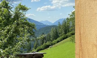 A green meadow with mountains in the background and a clear sky. The view is framed by a wooden frame.