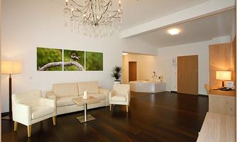 A modern living room with an elegant chandelier and a comfortable sofa. Pictures of birds hang on the wall, and the room is bright and inviting.