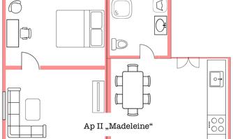 A schematic representation of an apartment with one bedroom, one bathroom, and a living area. The floor plan shows the arrangement of furniture and appliances.