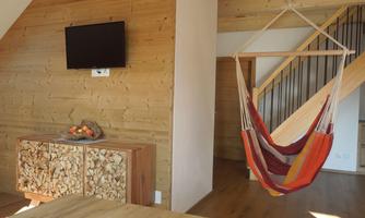 A cozy interior with wooden decor and a television on the wall. A hanging swing invites you to relax.