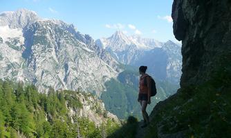 A hiker stands at the edge of a rocky path, gazing at an impressive mountain landscape. The surroundings are green with tall trees and snow-capped peaks in the background.