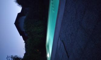 A lit pool in a quiet garden during dusk. Surrounded by trees and a cozy atmosphere.