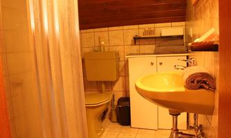 A small bathroom with a shower cabin and a toilet. The sink is yellow and there are some towels.