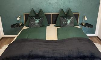 A modern bedroom with a double bed and green cushions. The walls are painted in a vibrant shade of green and display a mountain landscape.