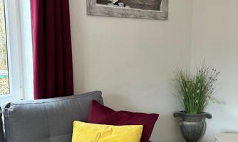 A cozy corner with a gray sofa and colorful cushions. Decorative pictures hang on the wall, and a pot with plants stands beside it.