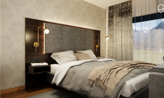 A modern bedroom with a large bed, elegant lighting, and cozy bedding. Large windows offer a view of the mountains in the background.