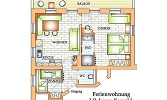 The illustration shows the floor plan of a vacation apartment with various rooms, including a living kitchen, bedroom, and a bathroom. There is also a balcony and an entrance area.