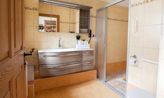 A modern bathroom with a wooden vanity and a large mirror. The shower is separated, and the walls are painted in warm tones.