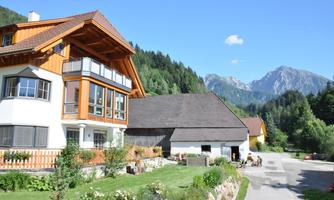 A beautiful house in Alpine style with large windows and a garden. In the background, mountains and a green landscape can be seen.