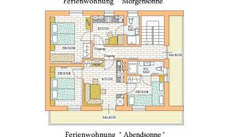 A floor plan drawing of two vacation apartments, "Morning Sun" and "Evening Sun." The layout shows bedrooms, kitchen, bathroom, and balconies.