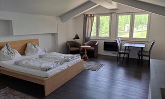 A bright, modern room with a double bed, a cozy seating area, and a table with chairs. Large windows offer a view of the green surroundings.