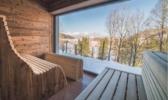 A cozy room with wooden saunas and a magnificent view of the snow-covered mountains. The large windows let in plenty of light and create a relaxing atmosphere.