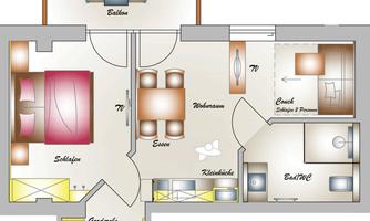 A floor plan of an apartment with a bedroom, living room, dining area, and kitchen. The rooms are clearly arranged and show different functions.