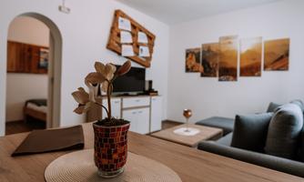 A modern living room with comfortable sofas and a small table decoration. On the wall hang pictures with landscape motifs.