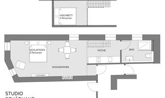 A floor plan for a studio with a loft bed and sofa bed for a total of four people. The layout shows a kitchen, a bathroom, and a living room.
