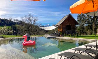 A beautiful pool with loungers and colorful sun umbrellas. A pink flamingo is floating in the water, and mountains can be seen in the background.