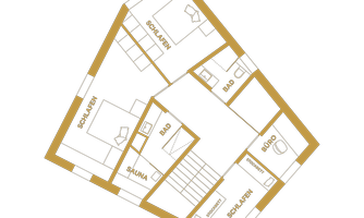 A floor plan of a house in black and gold. It shows the arrangement of rooms such as bedroom, bathroom, and sauna.