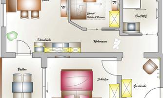 A floor plan sketch of an apartment with a living room, bedroom, kitchen, and bathroom. The rooms are clearly arranged and well labeled.