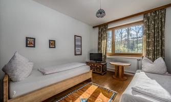 A cozy room with two single beds and a desk.  
Large windows let in plenty of light and offer a view of nature outside.