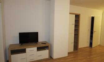 A modern living space with a TV on a wooden cabinet and a light wooden floor. The walls are white and there is an open access to another room.