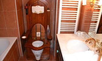 A stylish wooden toilet with a unique design. The room features elegant bathroom fixtures.