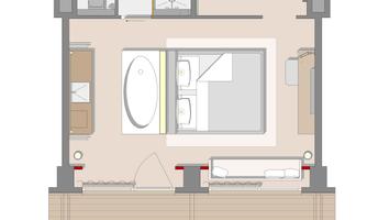 The floor plan shows a modern apartment with one bedroom, one bathroom, and a living room. There is a terrace and the furnishings are designed to be functional.