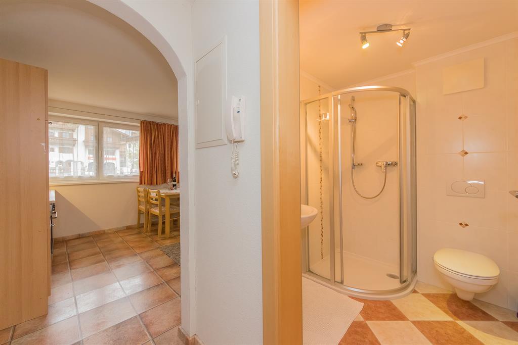 A bright interior with a bathroom and a shower. On the left side, you can see a dining area with a table and chairs.