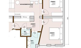 A floor plan of an apartment with several rooms. The main areas are the living room, several bedrooms, and a bathroom.