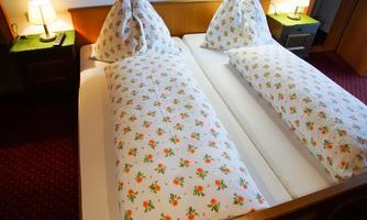 A cozy bedroom with two beds decorated with blooming bedding. Next to each bed stands a lamp on a nightstand.