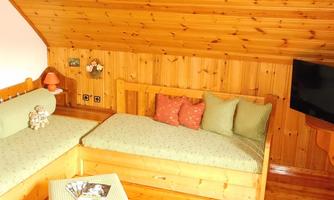 A cozy wooden-view apartment with two seating areas and a television. The walls are made of wood, creating a warm atmosphere.