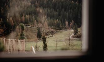 View through a window onto a green meadow surrounded by trees and gentle hills. In the background, the autumn-colored forests are visible.