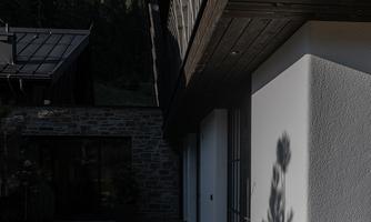 A modern wooden house in the mountains, surrounded by trees. A wooden deck leads to the front door, while shadows from plants fall on the wall.
