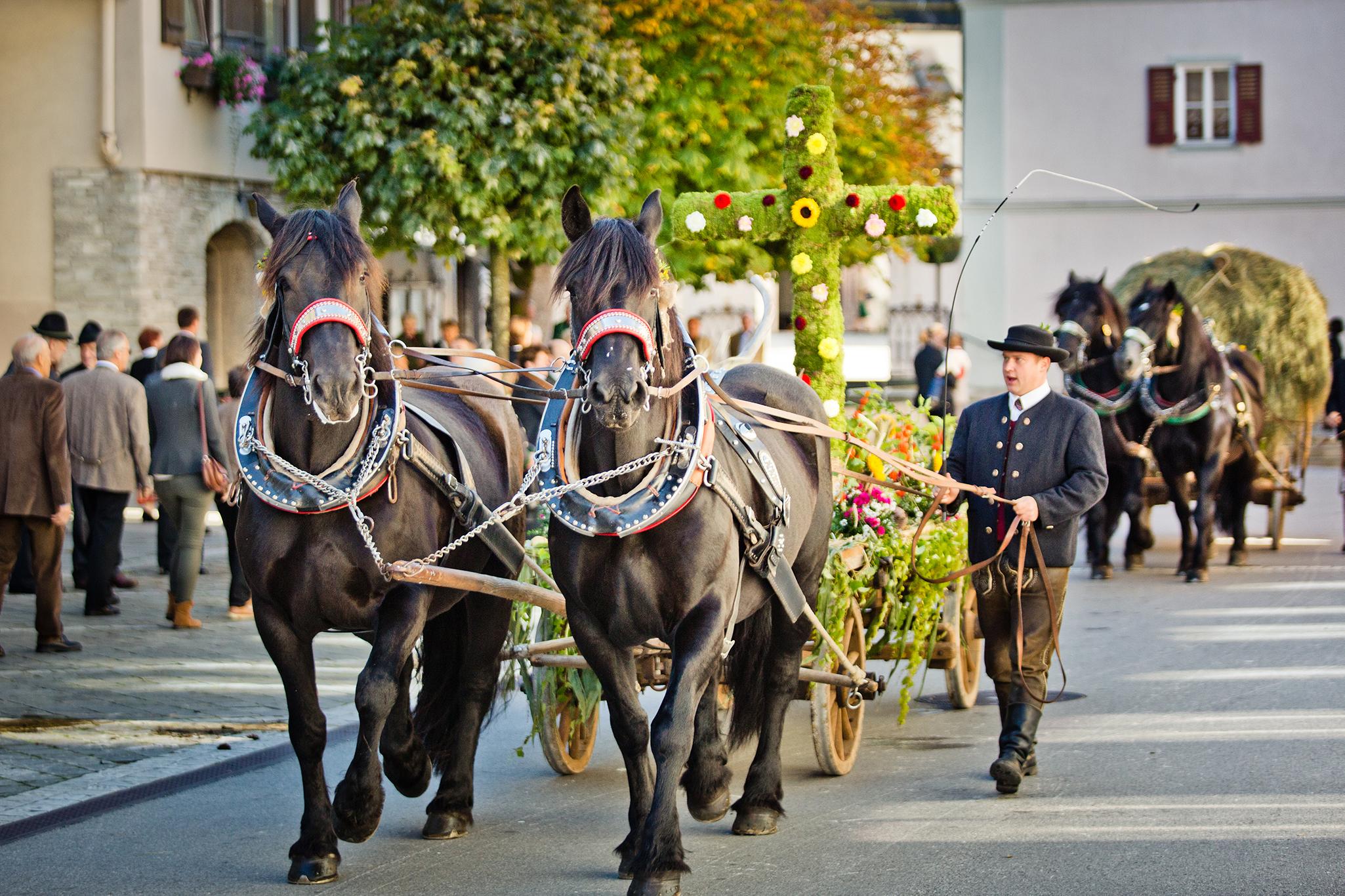 A horse-drawn carriage pulls a flower-decorated wagon through a festive street. In the background, people in traditional clothing can be seen.