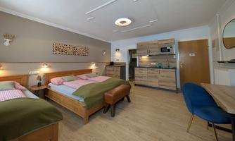 A cozy room with two beds, modern furniture, and a small kitchenette. The warm colors and wooden elements create an inviting atmosphere.