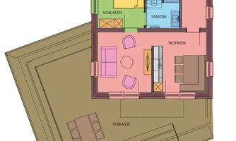 A floor plan of a house with a living area, bedroom, and sanitary area. Outside, a terrace is drawn.