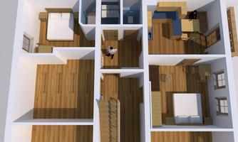 A modern floor plan view of an apartment with several rooms. The areas are clearly structured and designed with wooden flooring.