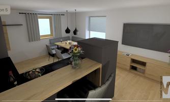 A modern living room with an open kitchen and a dining area. There is a large television and bright furniture that create an inviting atmosphere.