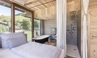 A modern room with wooden details and large windows that offers a view of the green landscape. The furnishings include a comfortable bed, a freestanding bathtub, and a shower cabin.