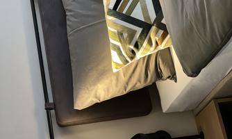 A modern bedroom with a comfortable bed and decorative cushions. An elegant bedside lamp provides soft light.