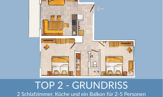 A floor plan of an apartment with two bedrooms, a kitchen, and a balcony. Suitable for 2-5 people.