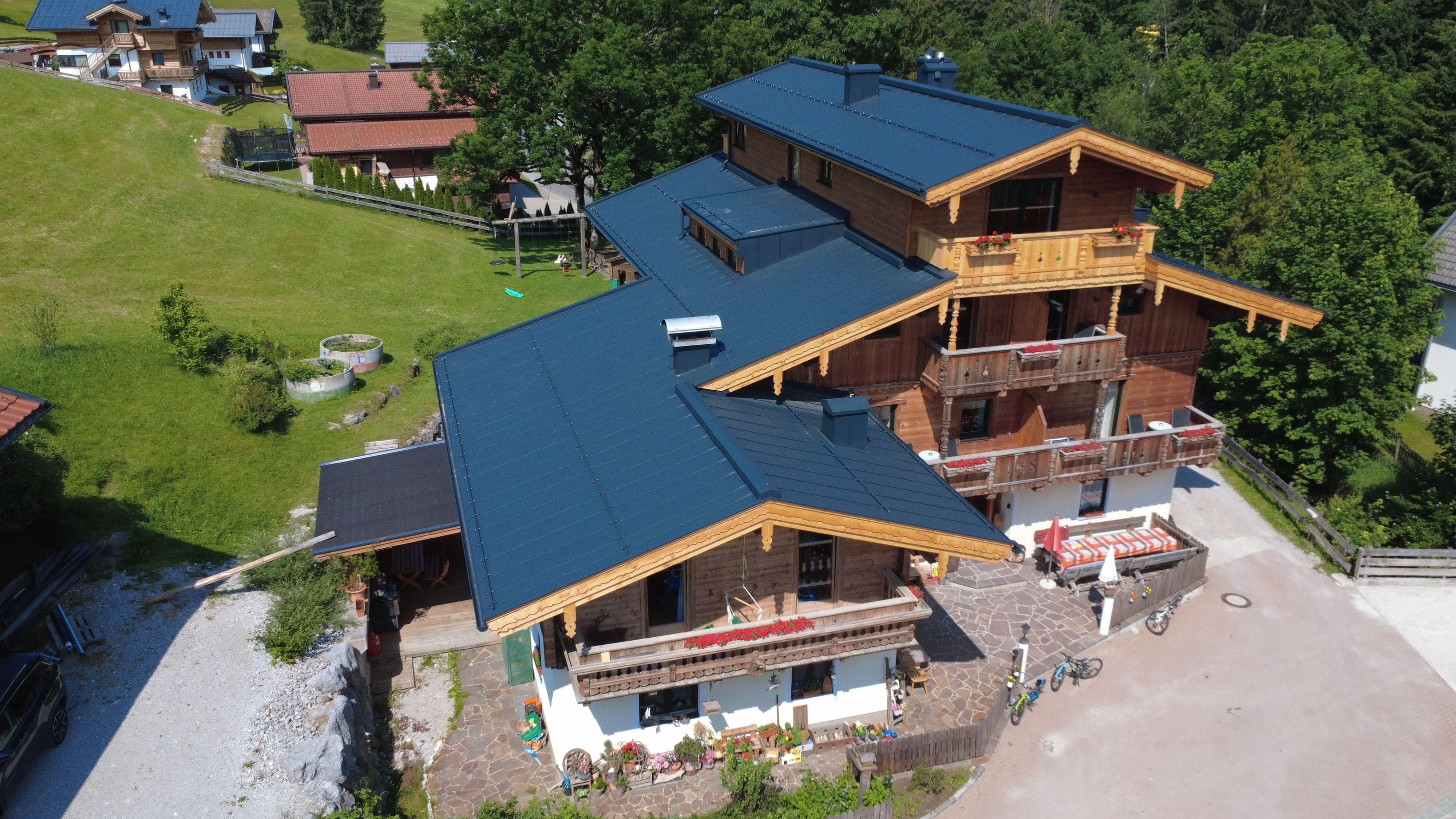 A modern wooden house with a large, designed roof is situated in a wooded environment. The property is surrounded by green meadows and other buildings.